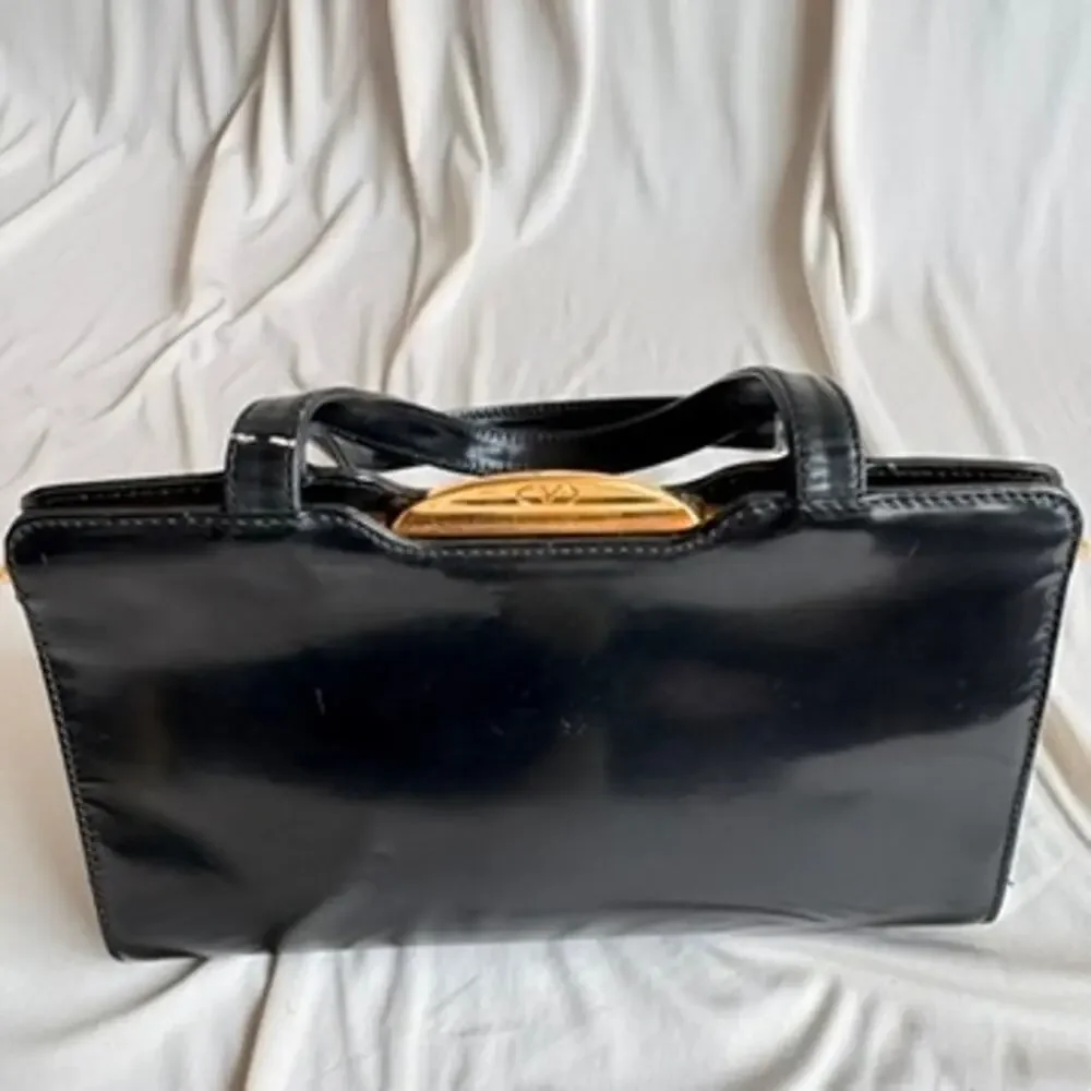 Vintage Valentino 80s Black Patent Leather Bag w/ Gold Clasp